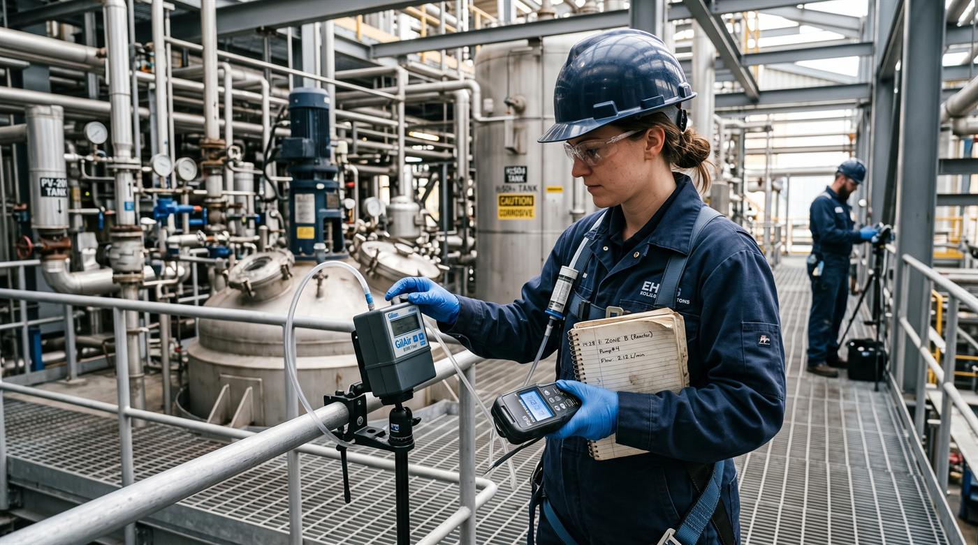 Tecnici con strumentazione da campo durante un monitoraggio ambientale in area industriale