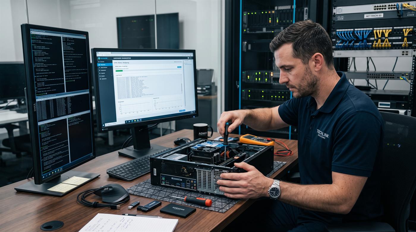 Tecnico al lavoro su una workstation in un ambiente ordinato e professionale