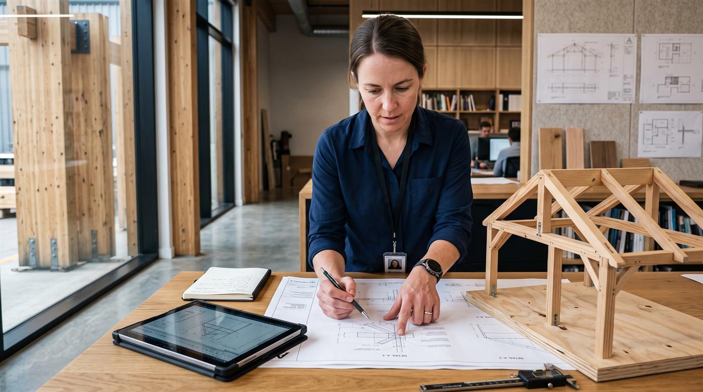 Designer esamina la struttura in legno di un pergolato con tavole tecniche sul banco