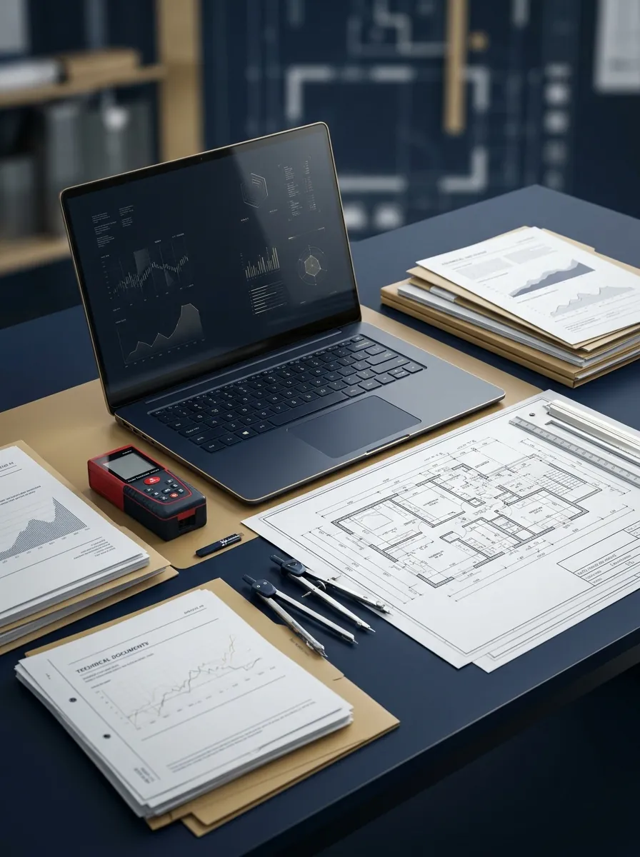 Studio tecnico multidisciplinare: postazione con elaborati CAD e strumenti tecnici